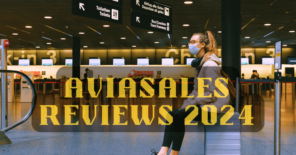 Woman sitting on her suitcase at the airport, representing travel planning and flight booking services discussed in Aviasales reviews.