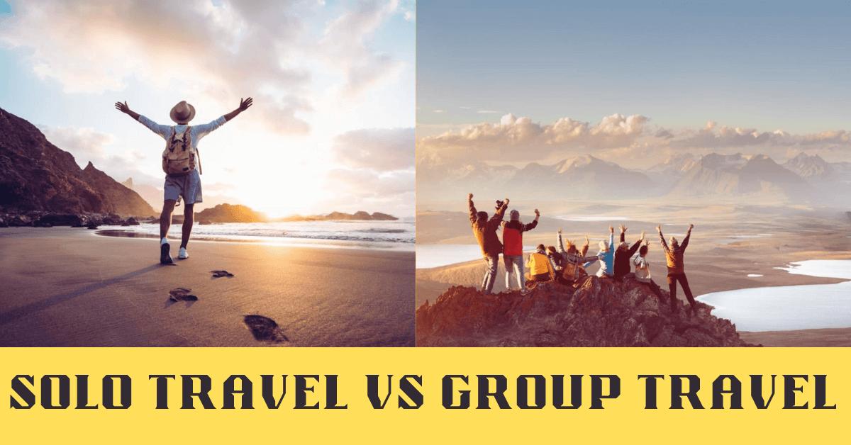 A split image showing a solo traveler relaxing on a beach and a group of friends hiking in the mountains, illustrating the contrast between solo and group travel styles.